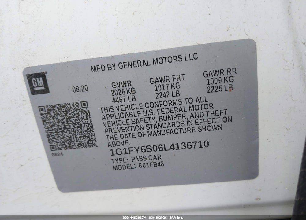 2020 CHEVROLET BOLT EV FWD LT VIN: 1G1FY6S06L4136710