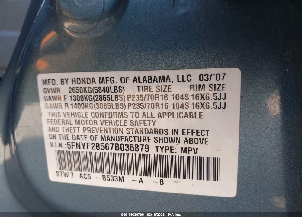 2007 HONDA PILOT EX-L VIN: 5FNYF28567B036879