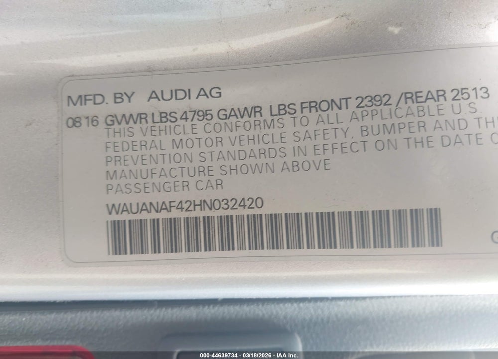 2017 AUDI A4 2.0T PREMIUM VIN: WAUANAF42HN032420