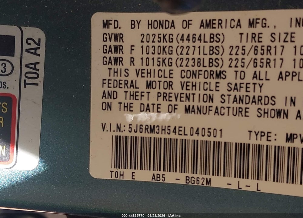 2014 HONDA CR-V EX VIN: 5J6RM3H54EL040501