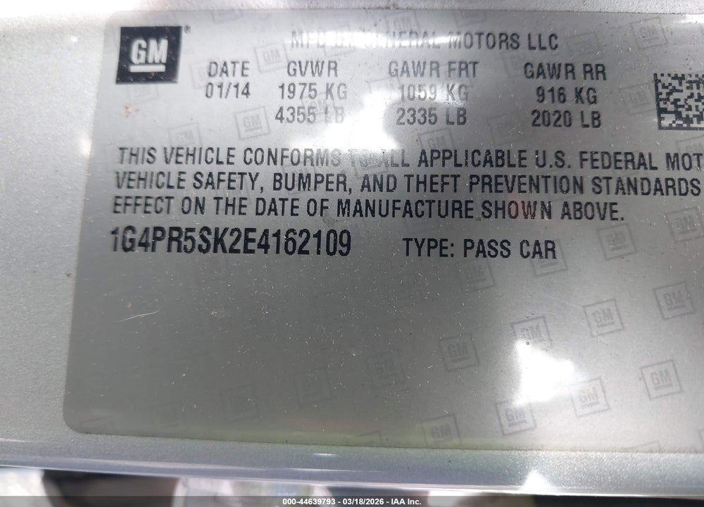 2014 BUICK VERANO CONVENIENCE GROUP VIN: 1G4PR5SK2E4162109