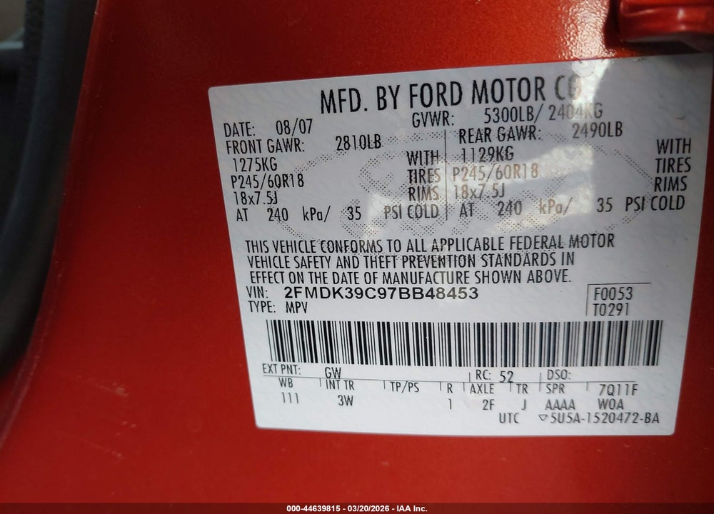 2007 FORD EDGE SEL PLUS VIN: 2FMDK39C97BB48453