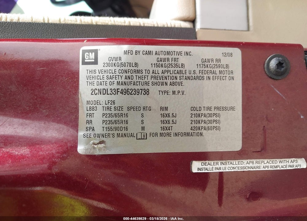 2009 CHEVROLET EQUINOX LT VIN: 2CNDL33F496239738