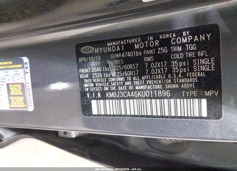 2019 HYUNDAI TUCSON VALUE VIN: KM8J3CA46KU011896
