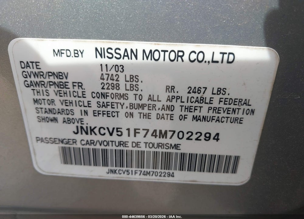 2004 INFINITI G35X VIN: JNKCV51F74M702294