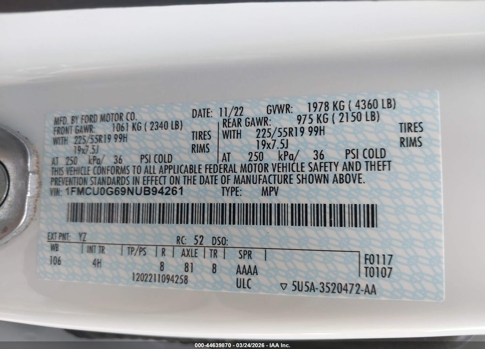 2022 FORD ESCAPE SE VIN: 1FMCU0G69NUB94261