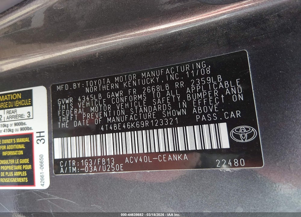 2009 TOYOTA CAMRY LE VIN: 4T4BE46K69R123321
