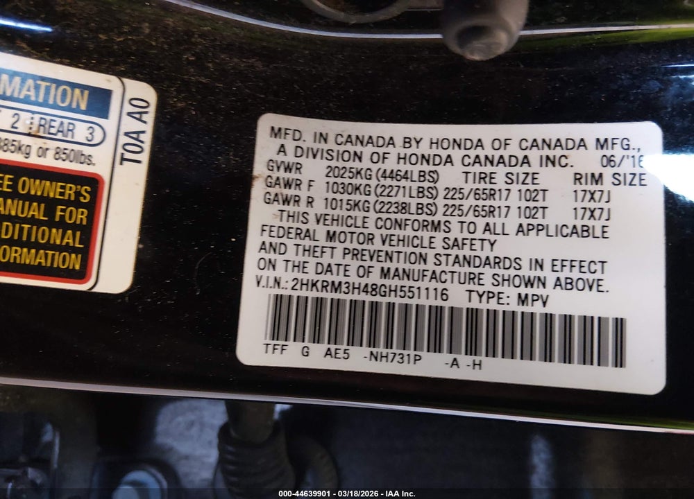 2016 HONDA CR-V SE VIN: 2HKRM3H48GH551116