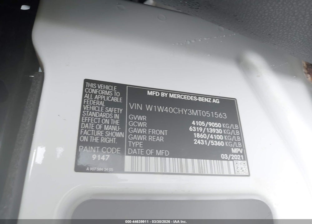 2021 MERCEDES-BENZ SPRINTER 2500 HIGH ROOF I4 VIN: W1W40CHY3MT051563