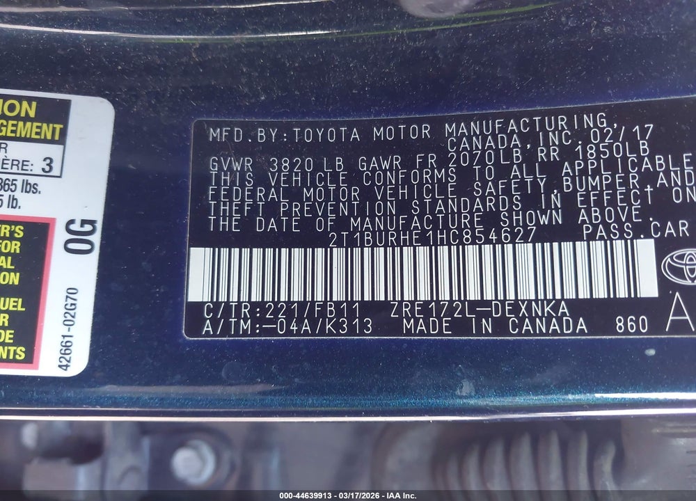 2017 TOYOTA COROLLA LE VIN: 2T1BURHE1HC854627