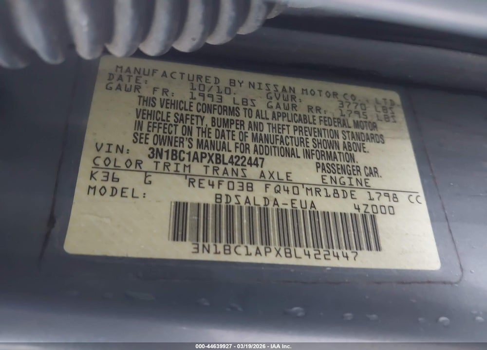 2011 NISSAN VERSA 1.8S VIN: 3N1BC1APXBL422447