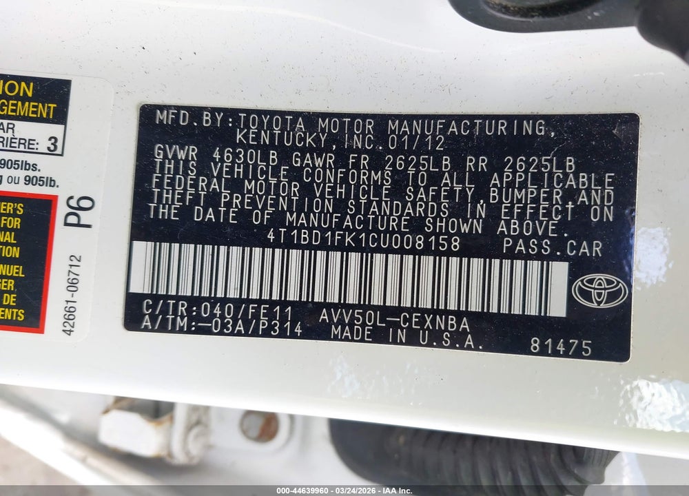 2012 TOYOTA CAMRY HYBRID LE VIN: 4T1BD1FK1CU008158