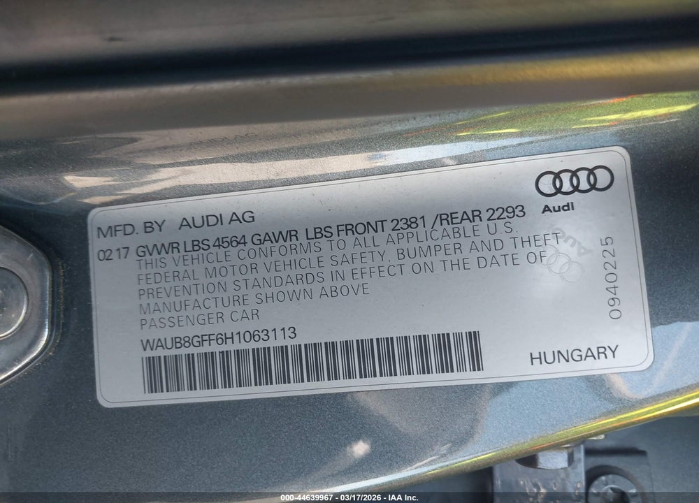 2017 AUDI A3 2.0T PREMIUM VIN: WAUB8GFF6H1063113