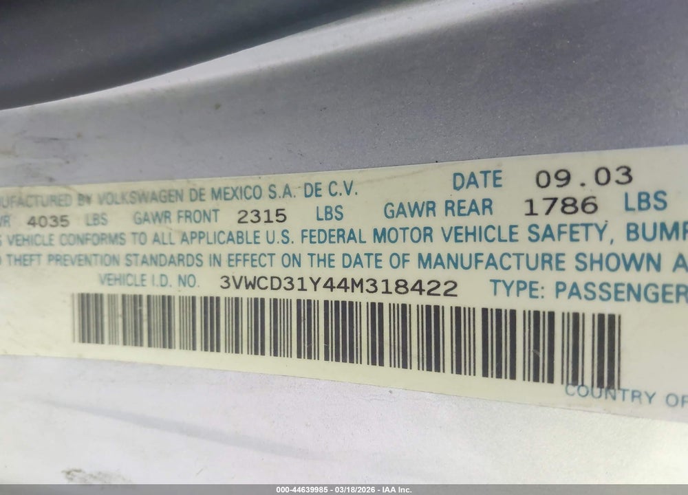 2004 VOLKSWAGEN NEW BEETLE GLS 1.8T VIN: 3VWCD31Y44M318422