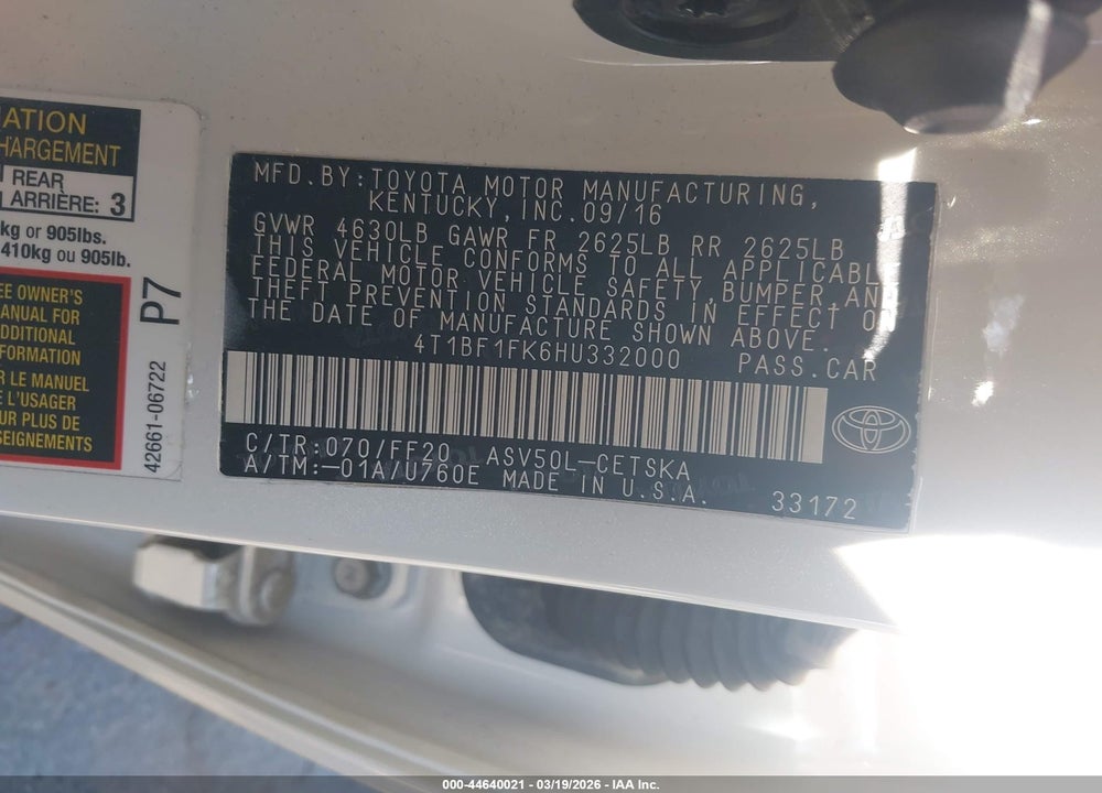 2017 TOYOTA CAMRY SE VIN: 4T1BF1FK6HU332000