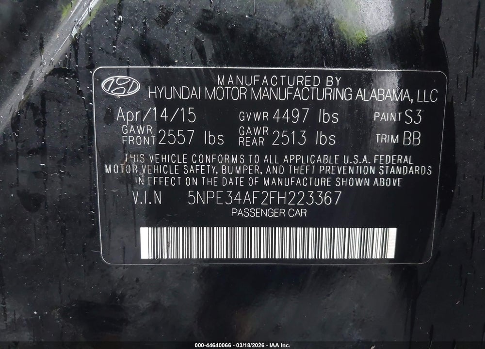 2015 HYUNDAI SONATA LIMITED VIN: 5NPE34AF2FH223367