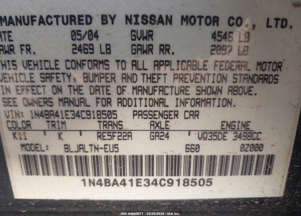 2004 NISSAN MAXIMA 3.5 SE VIN: 1N4BA41E34C918505