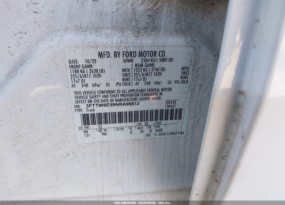 2022 FORD MAVERICK XL VIN: 3FTTW8E99NRA98812
