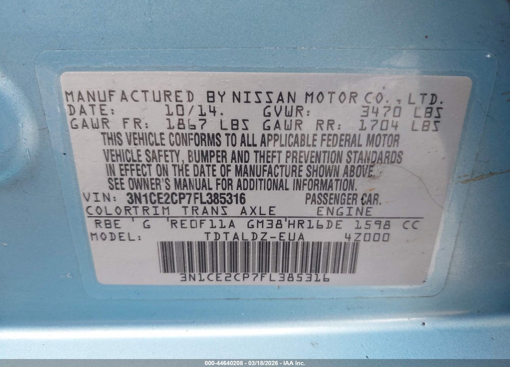 2015 NISSAN VERSA NOTE S (SR)/S PLUS/SL/SR/SV VIN: 3N1CE2CP7FL385316