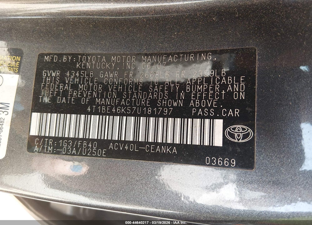 2007 TOYOTA CAMRY LE VIN: 4T1BE46K57U181797