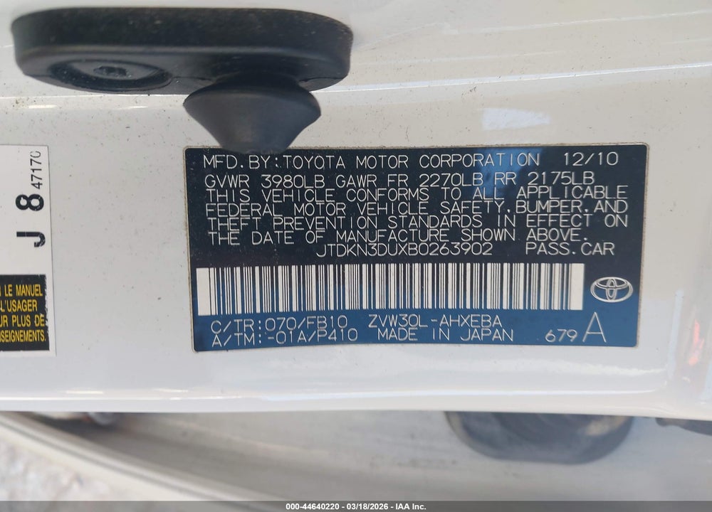 2011 TOYOTA PRIUS THREE VIN: JTDKN3DUXB0263902