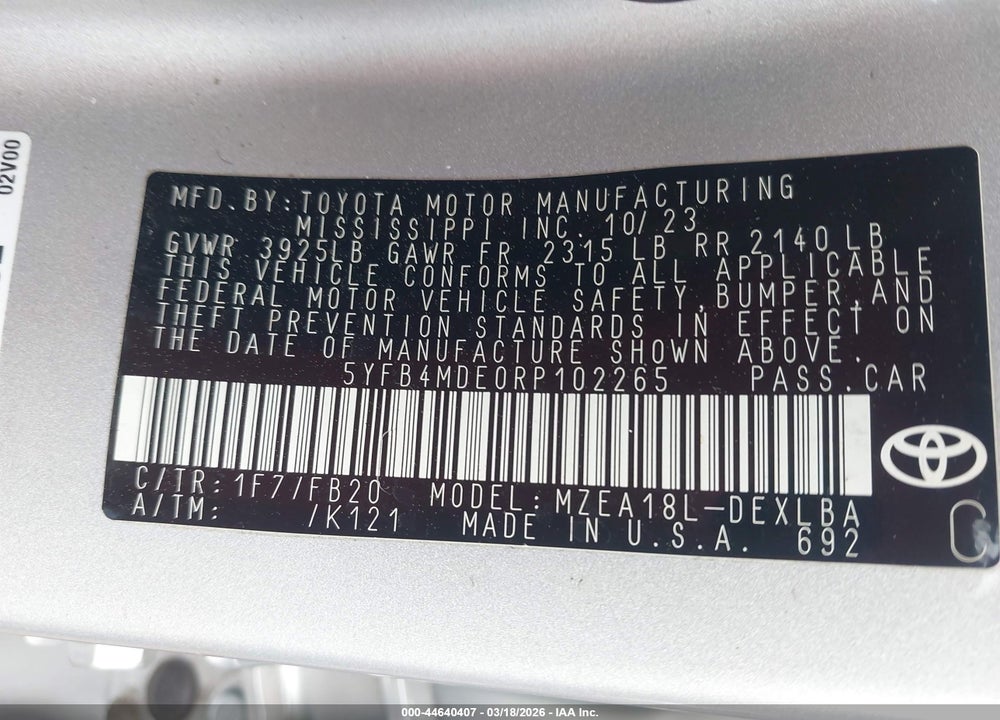 2024 TOYOTA COROLLA LE VIN: 5YFB4MDE0RP102265