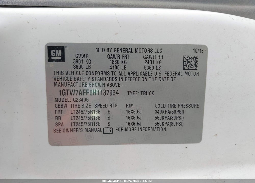 2017 GMC SAVANA 2500 WORK VAN VIN: 1GTW7AFF0H1137954
