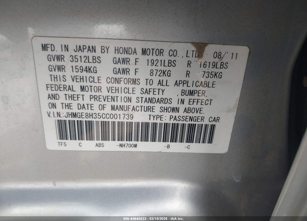 2012 HONDA FIT VIN: JHMGE8H35CC001739