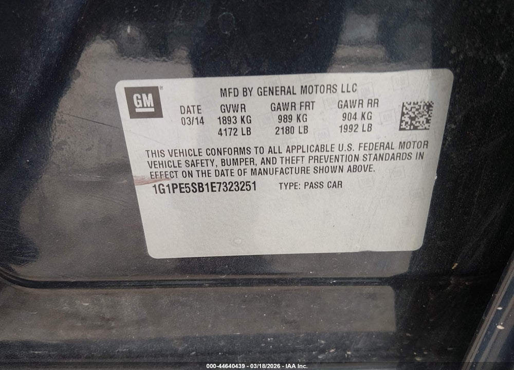 2014 CHEVROLET CRUZE 2LT AUTO VIN: 1G1PE5SB1E7323251