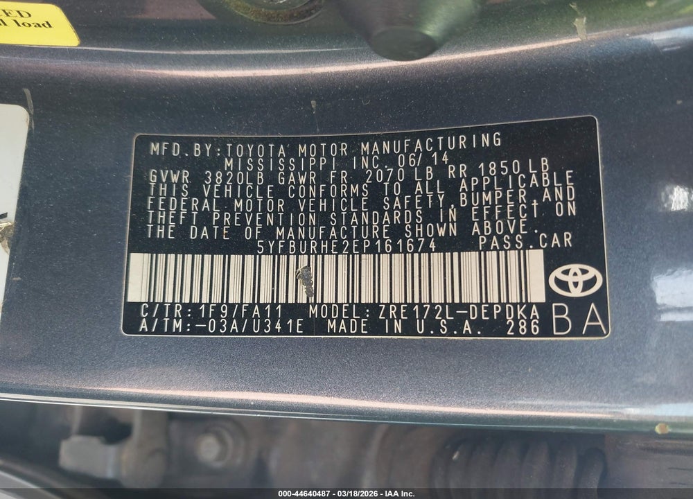 2014 TOYOTA COROLLA L VIN: 5YFBURHE2EP161674