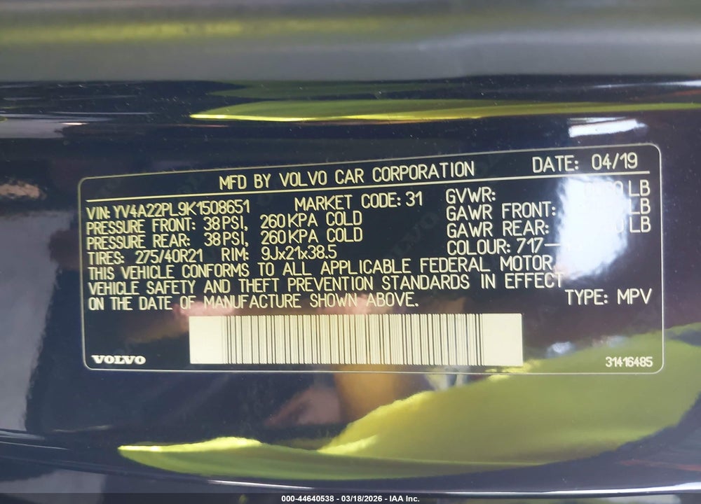 2019 VOLVO XC90 T6 INSCRIPTION VIN: YV4A22PL9K1508651
