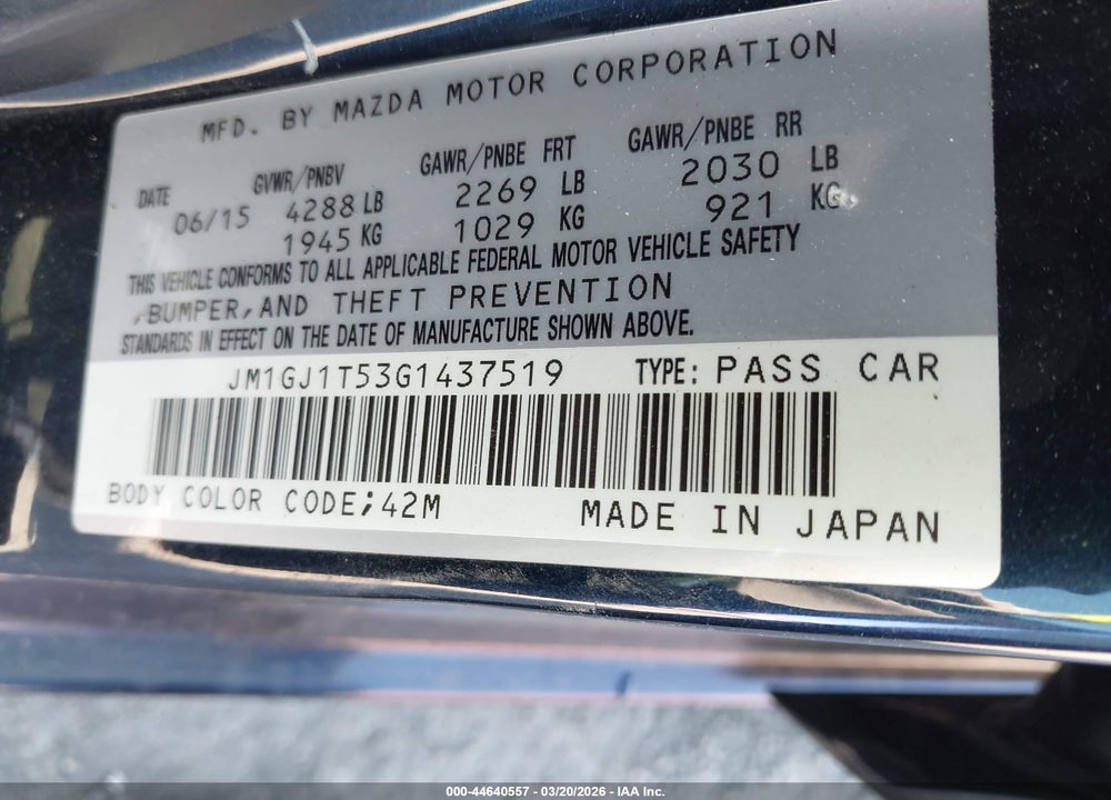 2016 MAZDA 6 I TOURING VIN: JM1GJ1T53G1437519