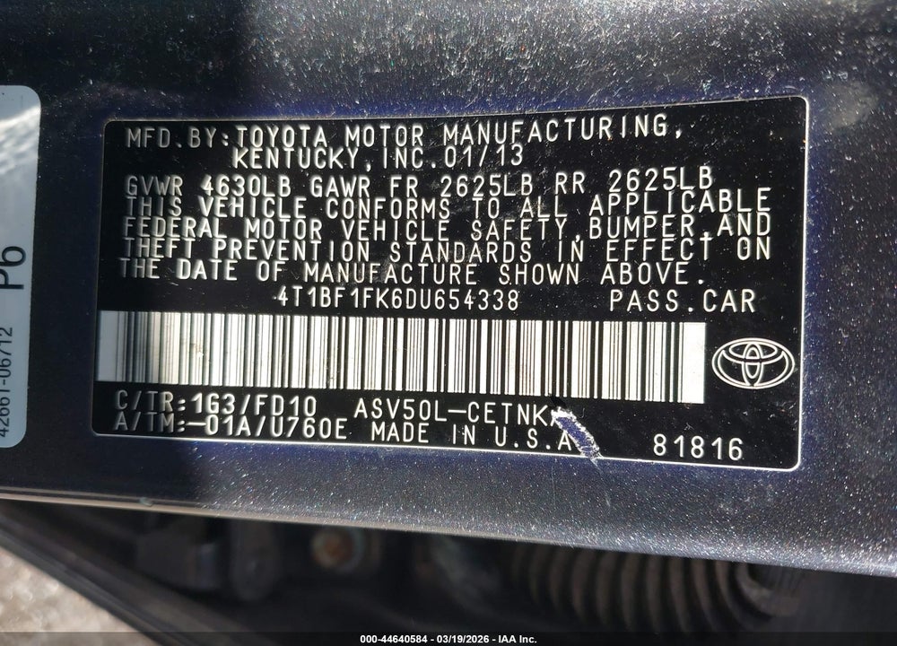 2013 TOYOTA CAMRY LE VIN: 4T1BF1FK6DU654338