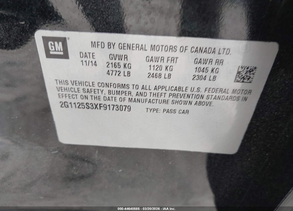 2015 CHEVROLET IMPALA 2LT VIN: 2G1125S3XF9173079
