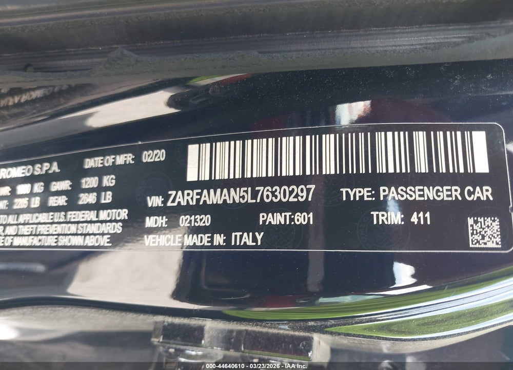 2020 ALFA ROMEO GIULIA SPORT RWD VIN: ZARFAMAN5L7630297