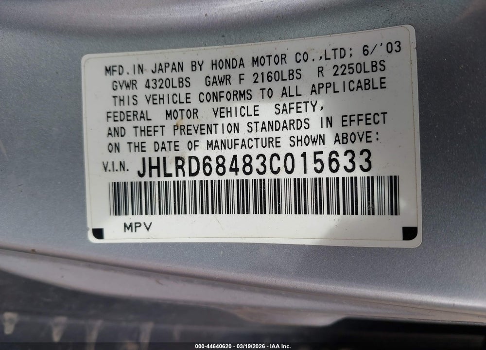2003 HONDA CR-V LX VIN: JHLRD68483C015633