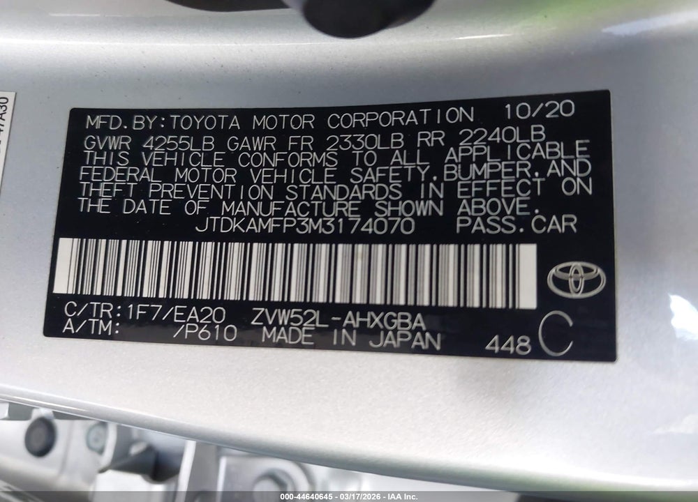 2021 TOYOTA PRIUS PRIME XLE VIN: JTDKAMFP3M3174070