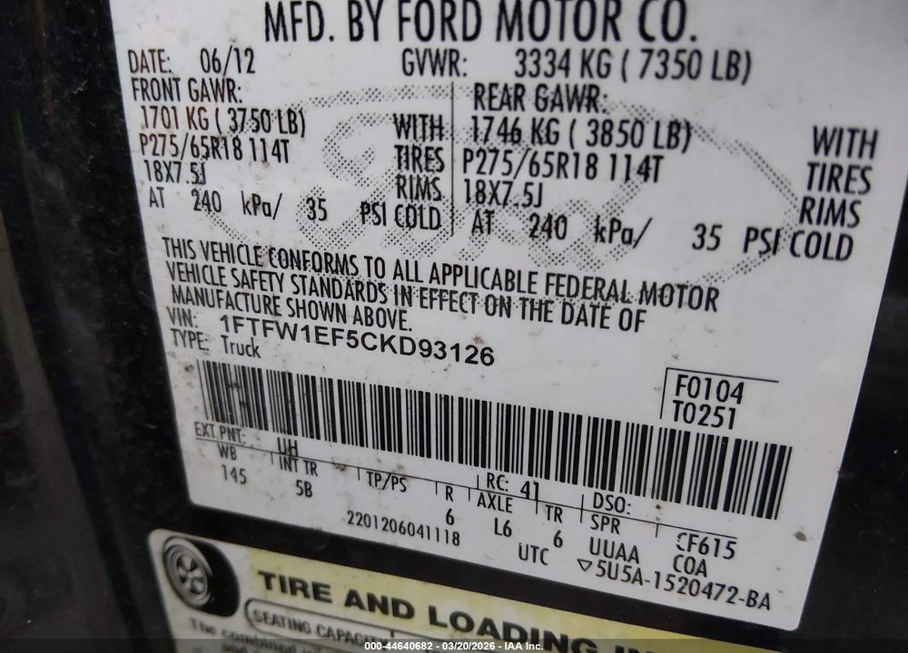 2012 FORD F-150 FX4 VIN: 1FTFW1EF5CKD93126