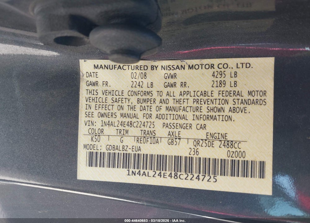 2008 NISSAN ALTIMA 2.5 S VIN: 1N4AL24E48C224725