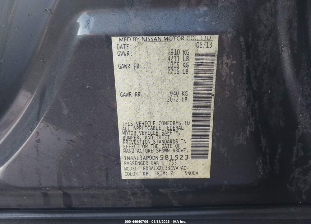 2013 NISSAN ALTIMA VIN: 1N4AL3AP9DN581523
