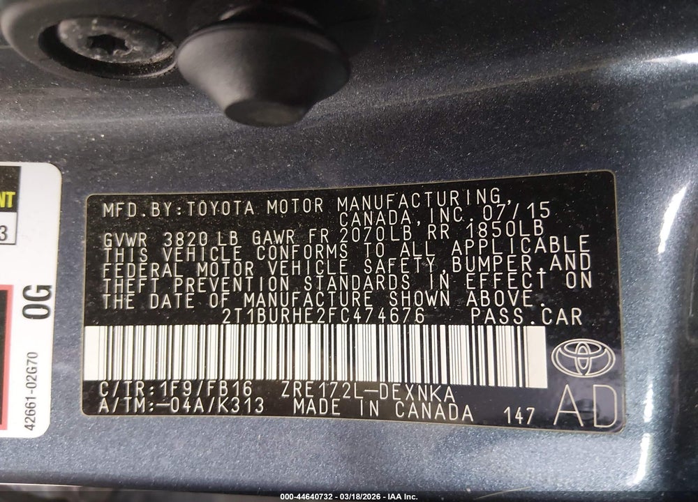 2015 TOYOTA COROLLA LE VIN: 2T1BURHE2FC474676