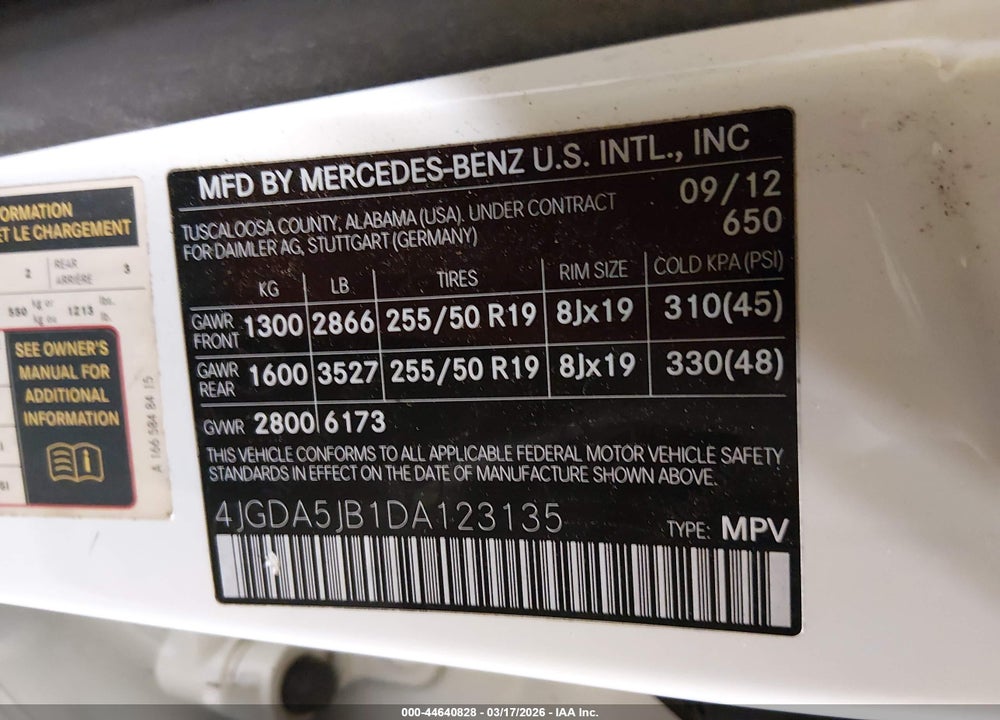 2013 MERCEDES-BENZ ML 350 VIN: 4JGDA5JB1DA123135