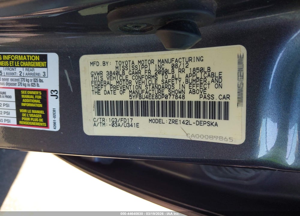 2013 TOYOTA COROLLA S VIN: 5YFBU4EE8DP077848