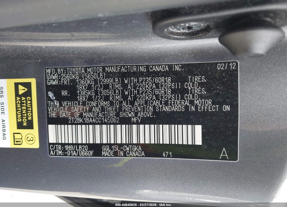 2012 LEXUS RX 350 VIN: 2T2BK1BA4CC145062