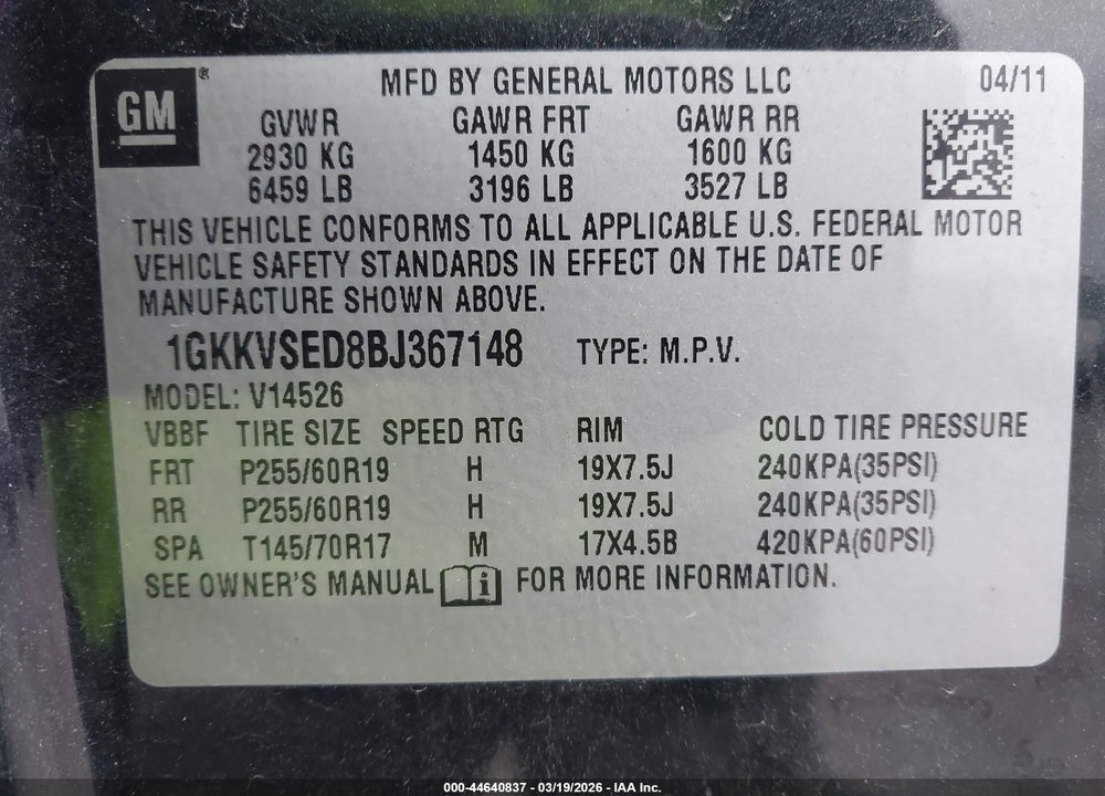 2011 GMC ACADIA SLT-2 VIN: 1GKKVSED8BJ367148