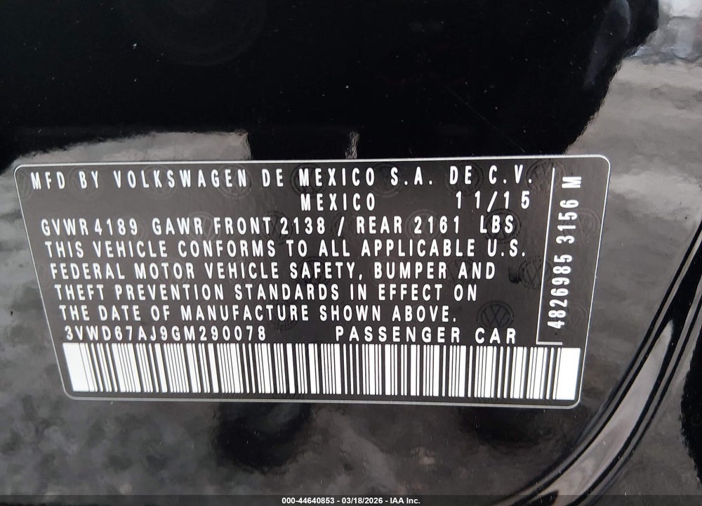 2016 VOLKSWAGEN JETTA 1.4T SE VIN: 3VWD67AJ9GM290078