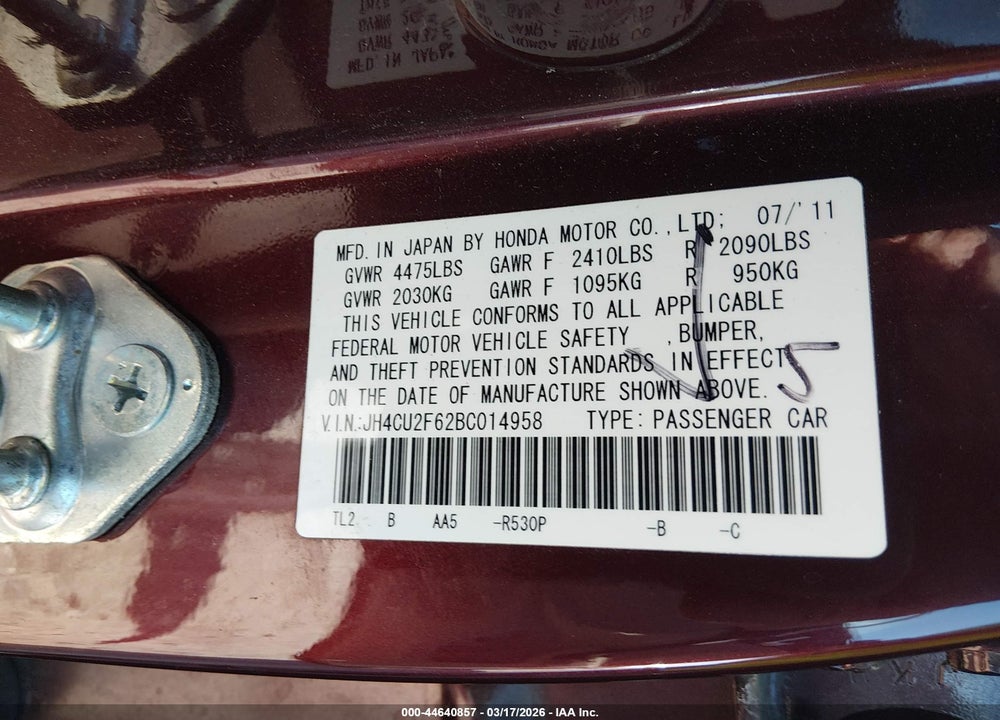 2011 ACURA TSX 2.4 VIN: JH4CU2F62BC014958