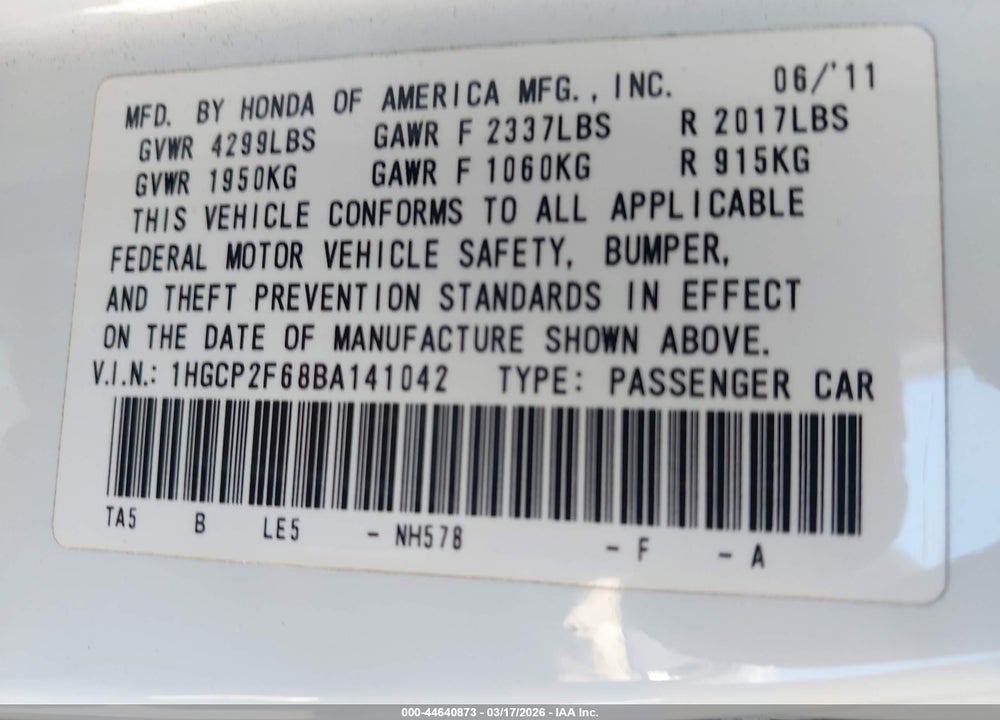 2011 HONDA ACCORD 2.4 SE VIN: 1HGCP2F68BA141042