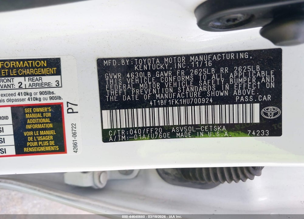 2017 TOYOTA CAMRY SE VIN: 4T1BF1FK1HU700924