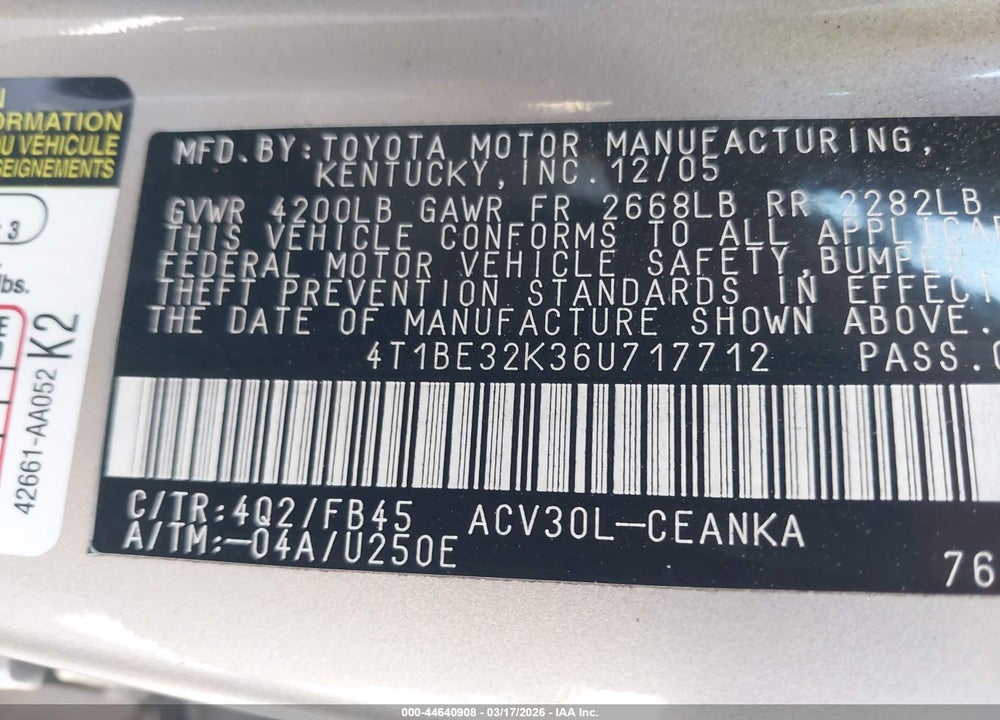2006 TOYOTA CAMRY LE VIN: 4T1BE32K36U717712